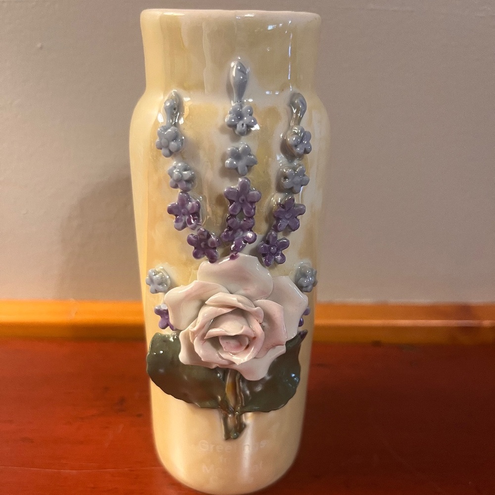 Antique German Applied Floral Lusterware Porcelain Bud Vase 5”